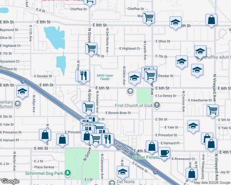 map of restaurants, bars, coffee shops, grocery stores, and more near 1404 East 6th Street in Ontario