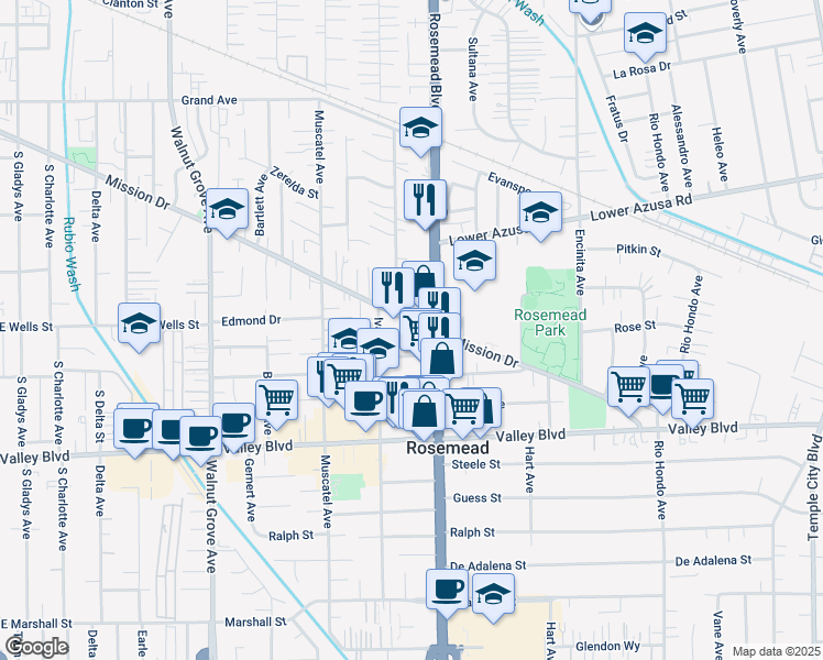 map of restaurants, bars, coffee shops, grocery stores, and more near 8932 Mission Drive in Rosemead