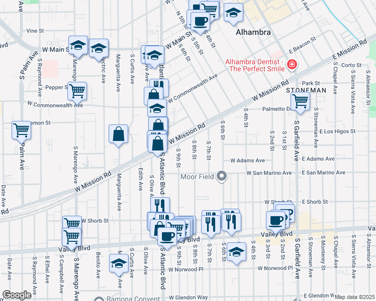 map of restaurants, bars, coffee shops, grocery stores, and more near 727 South 8th Street in Alhambra
