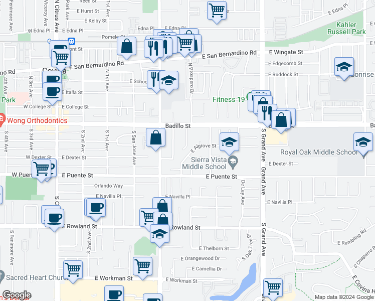 map of restaurants, bars, coffee shops, grocery stores, and more near 607 East Algrove Street in Covina