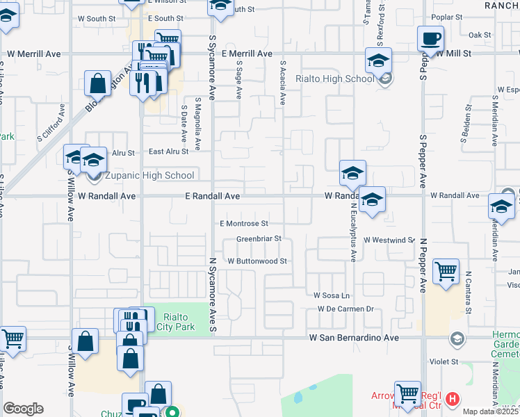 map of restaurants, bars, coffee shops, grocery stores, and more near 939 South Marcella Avenue in Rialto