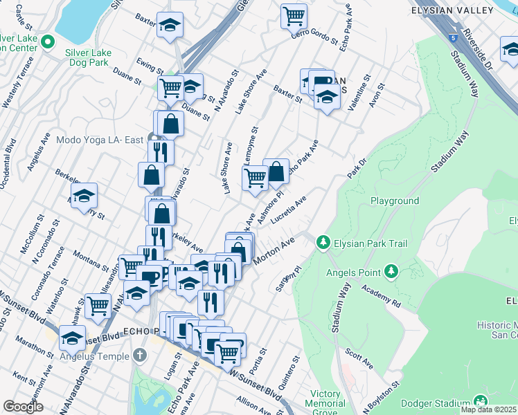 map of restaurants, bars, coffee shops, grocery stores, and more near 1804 Echo Park Avenue in Los Angeles