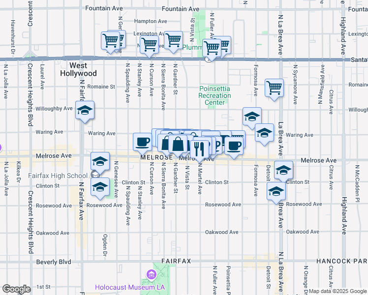 map of restaurants, bars, coffee shops, grocery stores, and more near 721 North Vista Street in Los Angeles