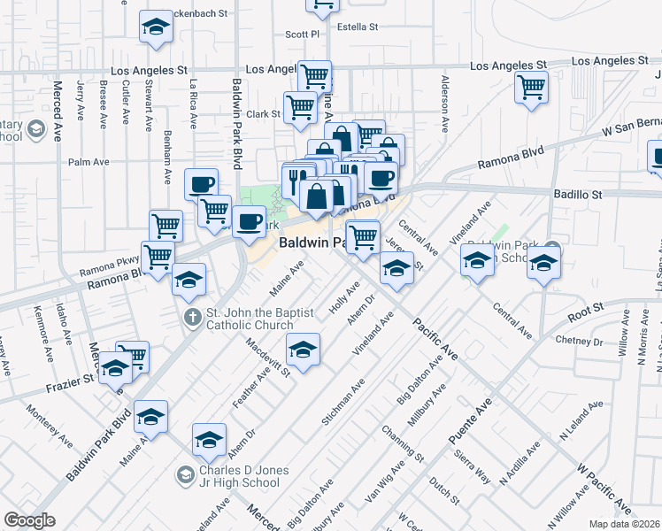 map of restaurants, bars, coffee shops, grocery stores, and more near 14442 Pacific Avenue in Baldwin Park