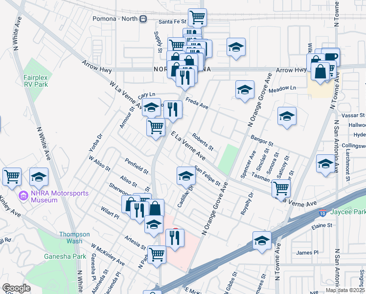 map of restaurants, bars, coffee shops, grocery stores, and more near 152 East La Verne Avenue in Pomona