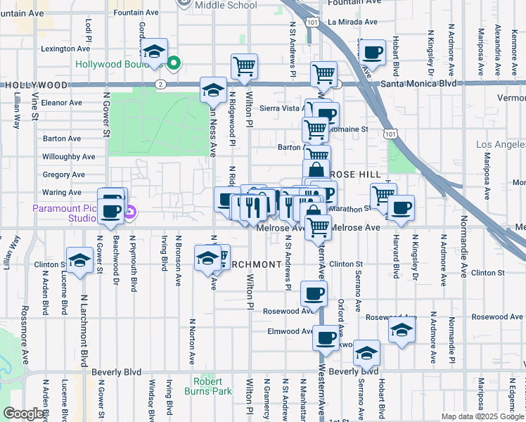 map of restaurants, bars, coffee shops, grocery stores, and more near 723 North Gramercy Place in Los Angeles