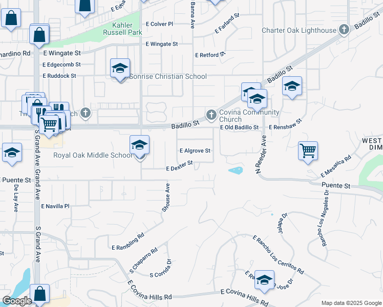 map of restaurants, bars, coffee shops, grocery stores, and more near 1500 East Algrove Street in Covina