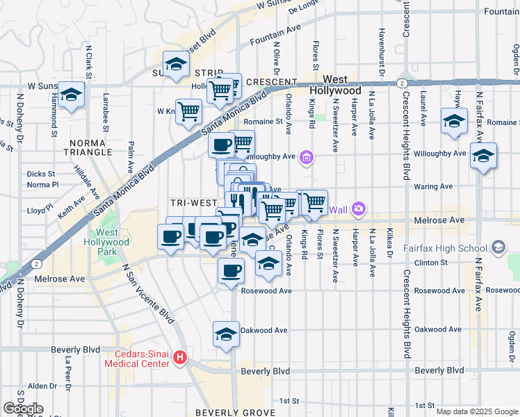 map of restaurants, bars, coffee shops, grocery stores, and more near 725 North Alfred Street in Los Angeles