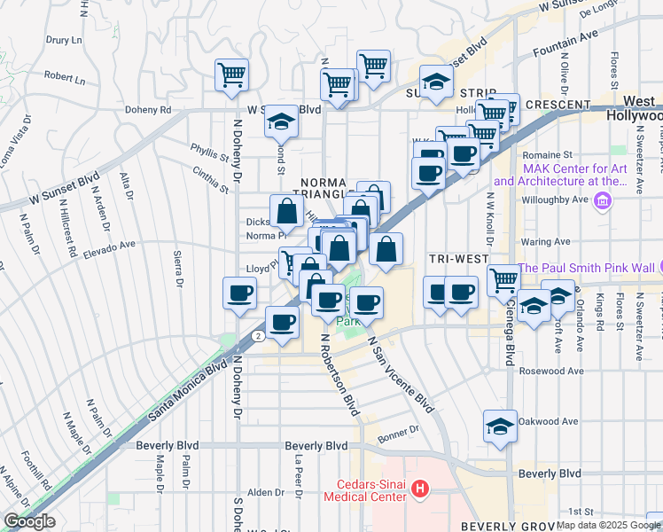 map of restaurants, bars, coffee shops, grocery stores, and more near 9255 Sunset Boulevard in West Hollywood