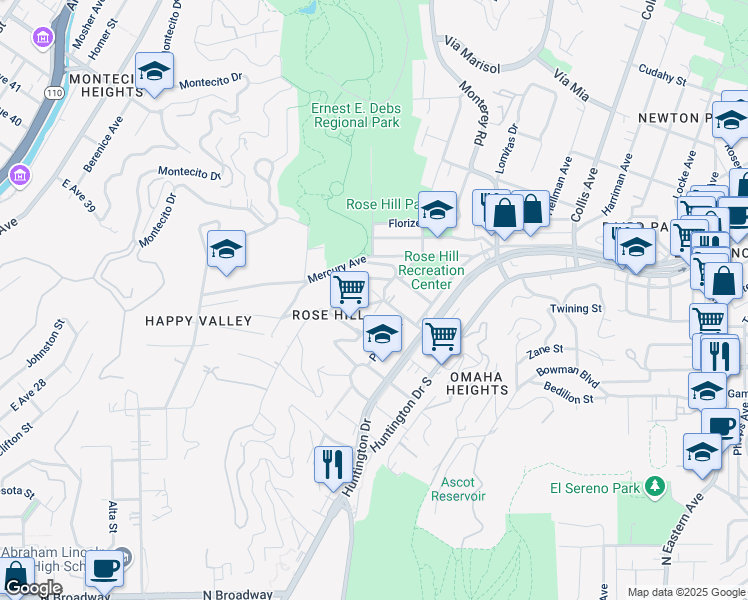 map of restaurants, bars, coffee shops, grocery stores, and more near 4559 East Rose Hill Drive in Los Angeles