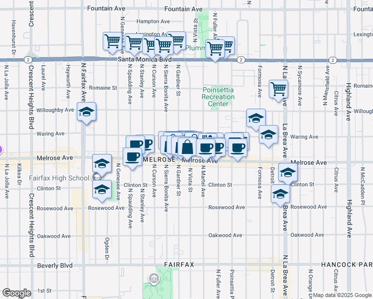 map of restaurants, bars, coffee shops, grocery stores, and more near 721 North Vista Street in Los Angeles