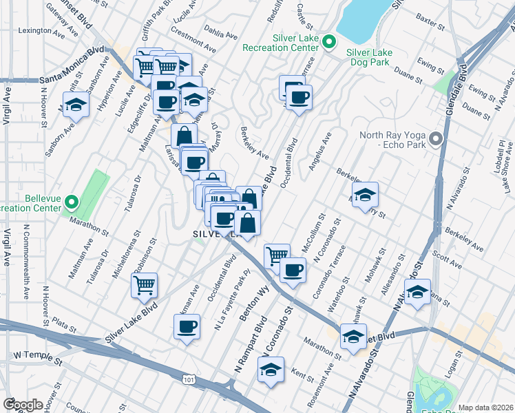 map of restaurants, bars, coffee shops, grocery stores, and more near 1335 Silver Lake Boulevard in Los Angeles