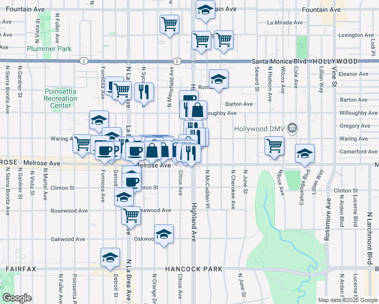 map of restaurants, bars, coffee shops, grocery stores, and more near 736 North Citrus Avenue in Los Angeles