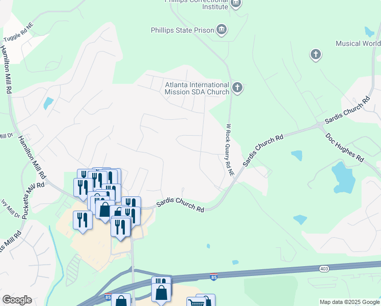 map of restaurants, bars, coffee shops, grocery stores, and more near 3877 Woodoats Circle in Buford