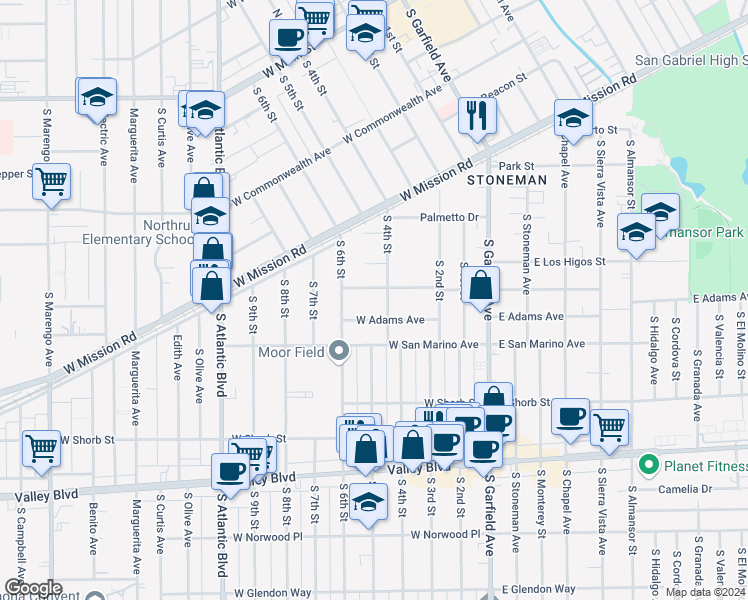 map of restaurants, bars, coffee shops, grocery stores, and more near 410 West Linda Vista Avenue in Alhambra