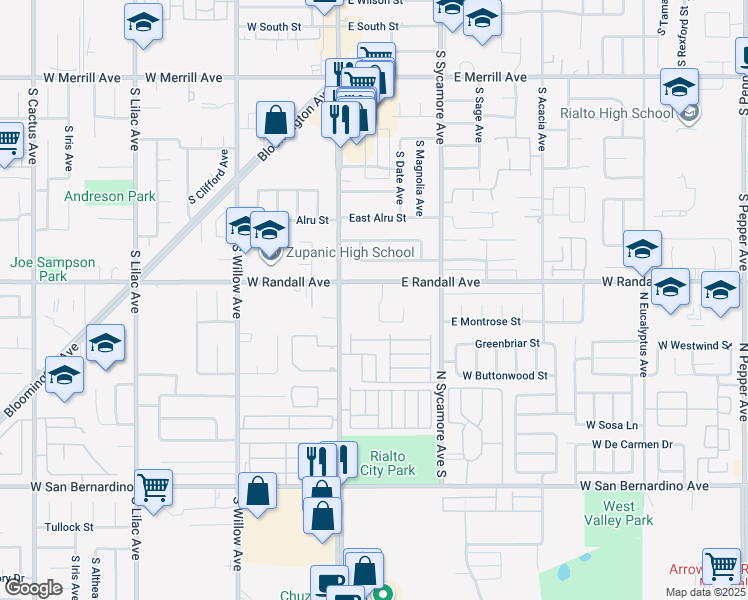 map of restaurants, bars, coffee shops, grocery stores, and more near 924 South Olive Avenue in Rialto