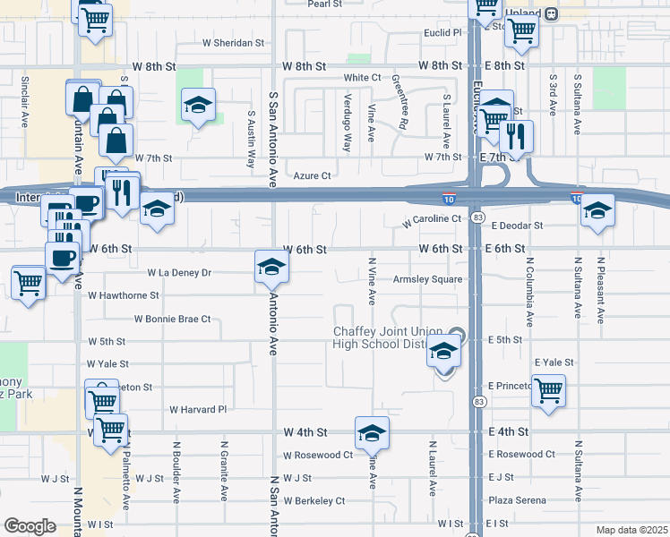 map of restaurants, bars, coffee shops, grocery stores, and more near Armsley Square in Ontario