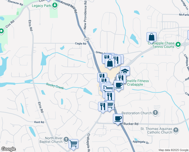 map of restaurants, bars, coffee shops, grocery stores, and more near 355 Morning Dew Cir in Roswell