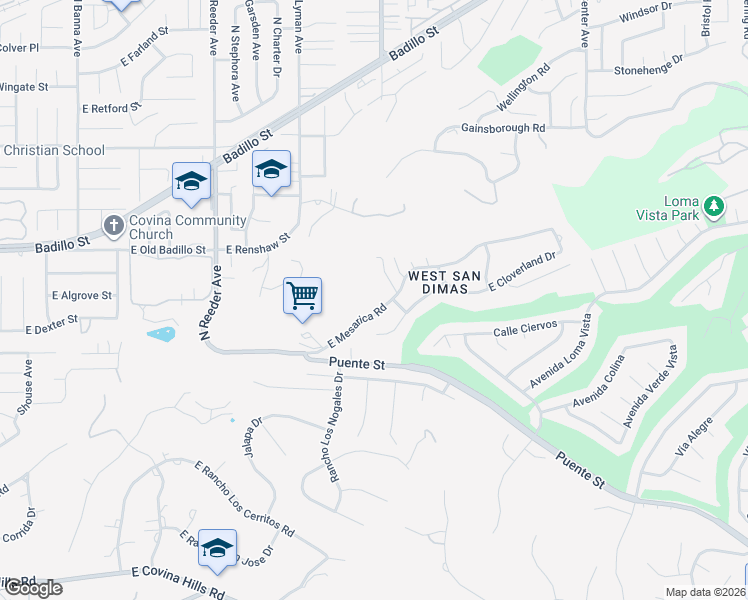 map of restaurants, bars, coffee shops, grocery stores, and more near 20827 East Mesarica Road in Covina