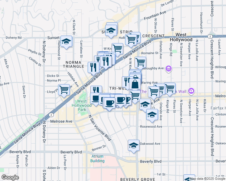 map of restaurants, bars, coffee shops, grocery stores, and more near 727 Westbourne Drive in West Hollywood
