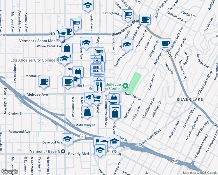 map of restaurants, bars, coffee shops, grocery stores, and more near 3920 Marathon Street in Los Angeles