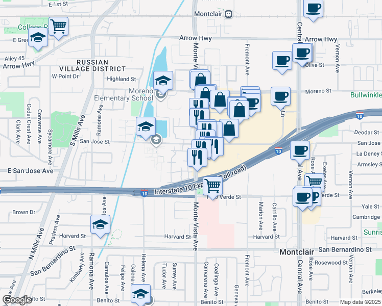 map of restaurants, bars, coffee shops, grocery stores, and more near in Montclair