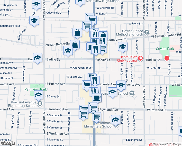 map of restaurants, bars, coffee shops, grocery stores, and more near 742 North Myrtlewood Avenue in West Covina
