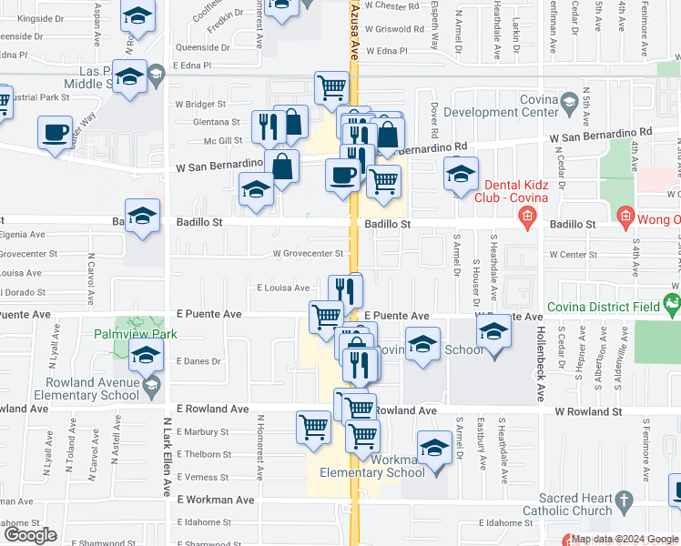 map of restaurants, bars, coffee shops, grocery stores, and more near 742 North Myrtlewood Avenue in West Covina