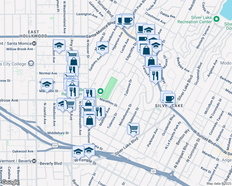 map of restaurants, bars, coffee shops, grocery stores, and more near 843 Maltman Avenue in Los Angeles