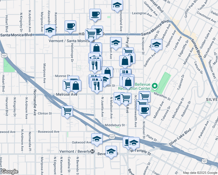 map of restaurants, bars, coffee shops, grocery stores, and more near 4114 Marathon Street in Los Angeles