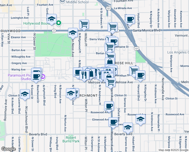 map of restaurants, bars, coffee shops, grocery stores, and more near 733 North Gramercy Place in Los Angeles
