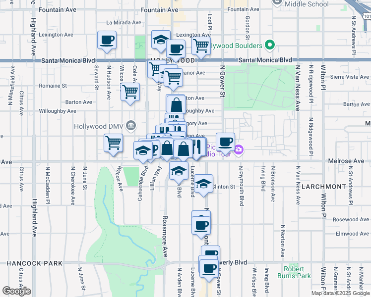 map of restaurants, bars, coffee shops, grocery stores, and more near 5843 Camerford Avenue in Los Angeles