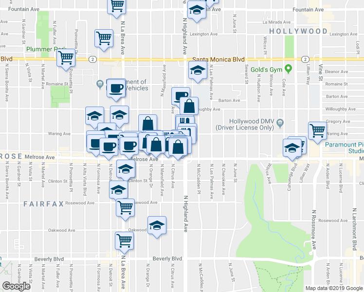 map of restaurants, bars, coffee shops, grocery stores, and more near 736 North Citrus Avenue in Los Angeles