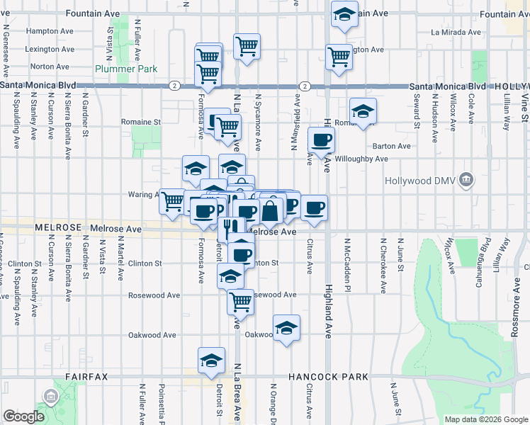 map of restaurants, bars, coffee shops, grocery stores, and more near 732 North Sycamore Avenue in Los Angeles