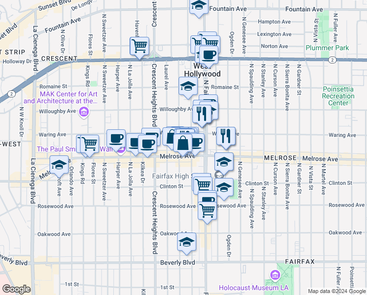map of restaurants, bars, coffee shops, grocery stores, and more near 720 North Edinburgh Avenue in Los Angeles
