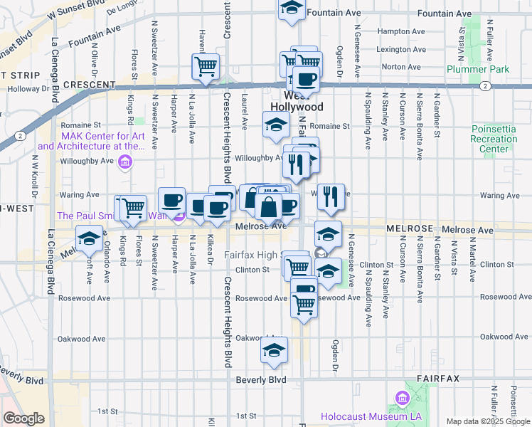 map of restaurants, bars, coffee shops, grocery stores, and more near 720 North Edinburgh Avenue in Los Angeles