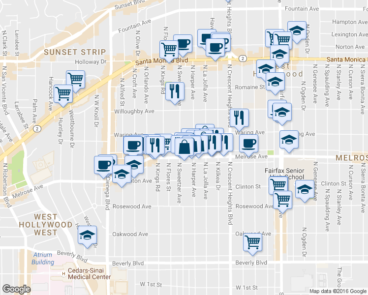map of restaurants, bars, coffee shops, grocery stores, and more near 725 North Harper Avenue in Los Angeles