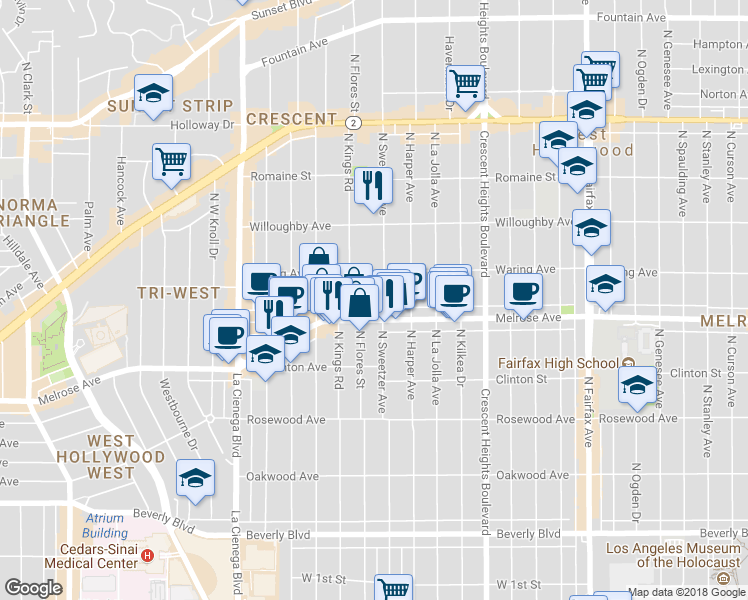 map of restaurants, bars, coffee shops, grocery stores, and more near 740 North Kings Road in Los Angeles