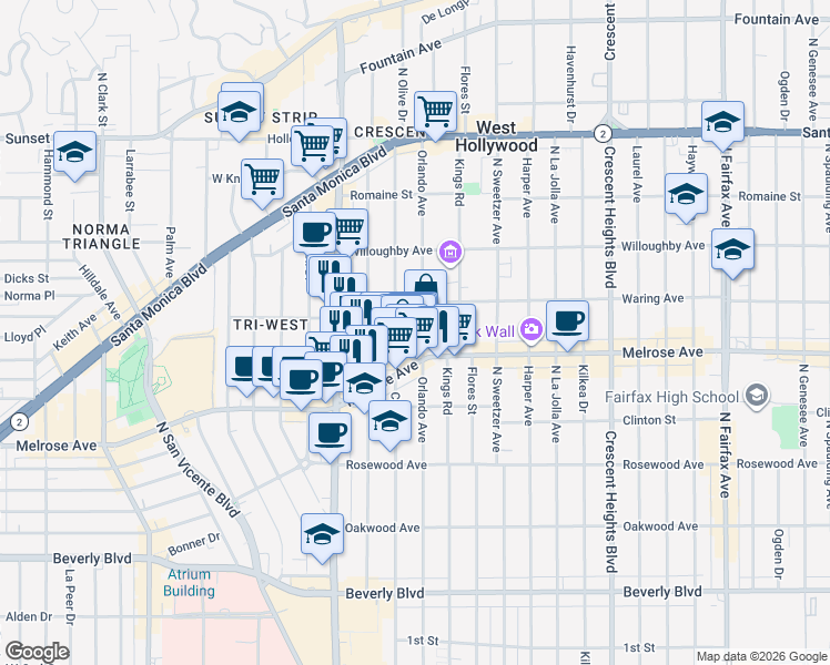 map of restaurants, bars, coffee shops, grocery stores, and more near 730 1/2 North Croft Avenue in West Hollywood