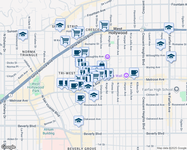 map of restaurants, bars, coffee shops, grocery stores, and more near 730 1/2 North Croft Avenue in West Hollywood