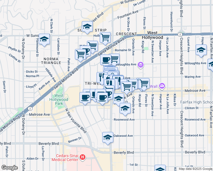 map of restaurants, bars, coffee shops, grocery stores, and more near 735 North La Cienega Boulevard in Los Angeles