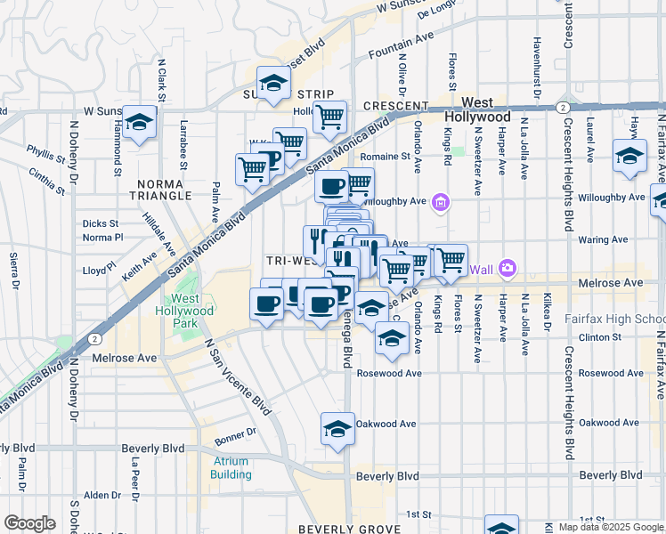 map of restaurants, bars, coffee shops, grocery stores, and more near 8510 Sherwood Drive in Los Angeles