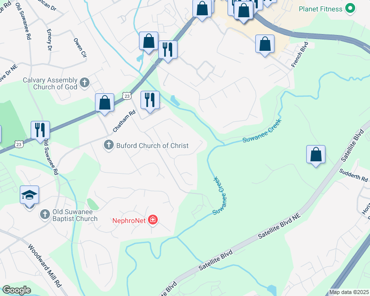 map of restaurants, bars, coffee shops, grocery stores, and more near 1285 Brynhill Court in Buford