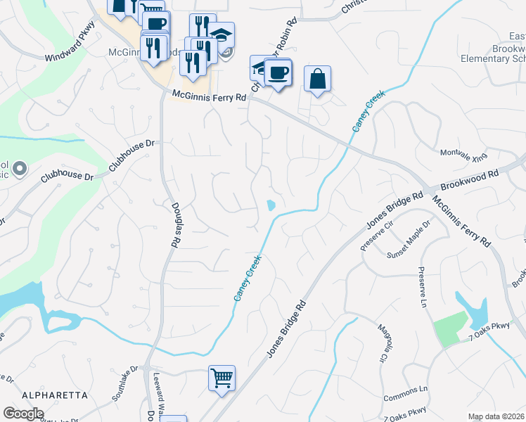 map of restaurants, bars, coffee shops, grocery stores, and more near 12495 Concord Hall Drive in Alpharetta
