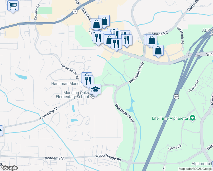 map of restaurants, bars, coffee shops, grocery stores, and more near 3049 Union Hill Road in Alpharetta