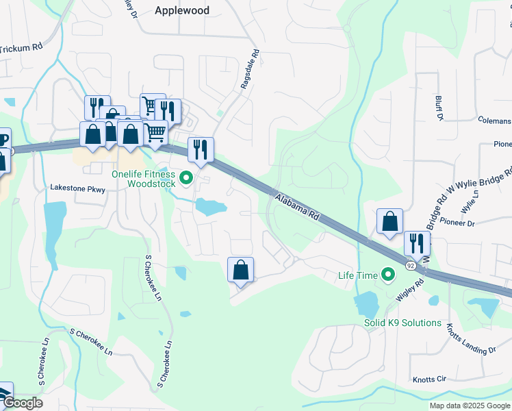 map of restaurants, bars, coffee shops, grocery stores, and more near 127 Marlow Drive in Woodstock