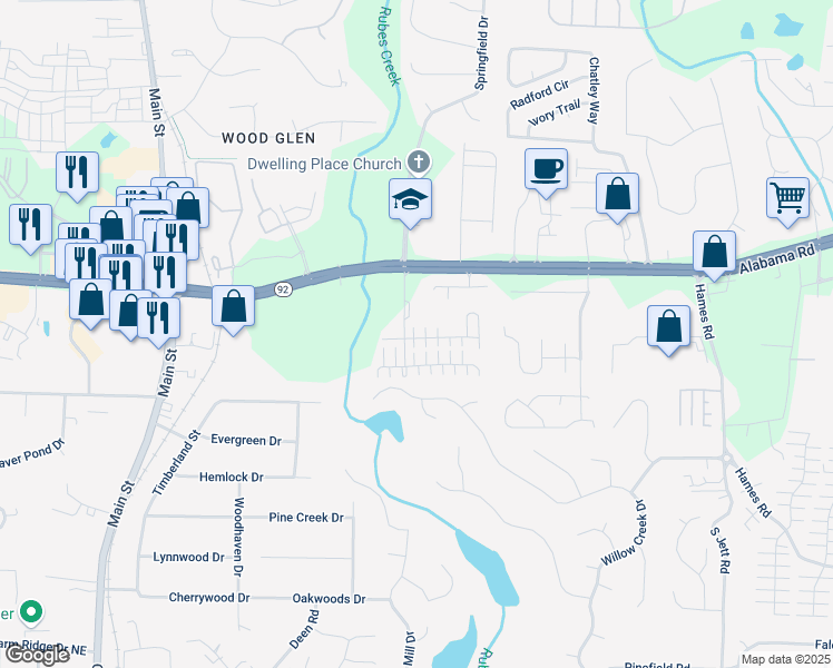map of restaurants, bars, coffee shops, grocery stores, and more near 111 Manley Court in Woodstock