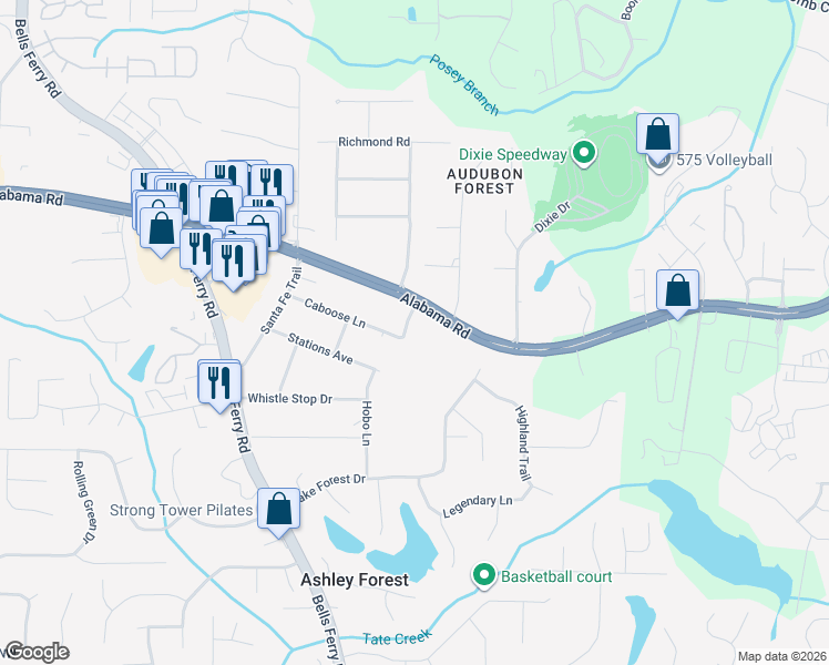 map of restaurants, bars, coffee shops, grocery stores, and more near 202 Wabash Trail in Woodstock