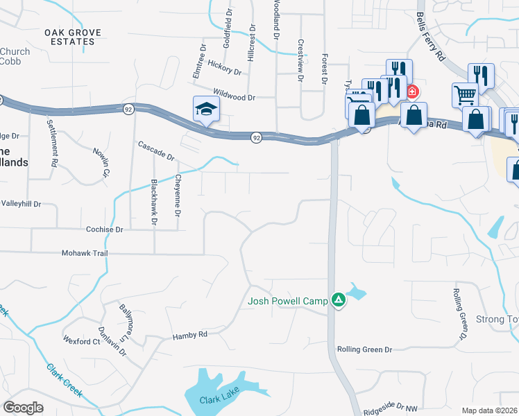 map of restaurants, bars, coffee shops, grocery stores, and more near 5323 Shadow Circle in Acworth