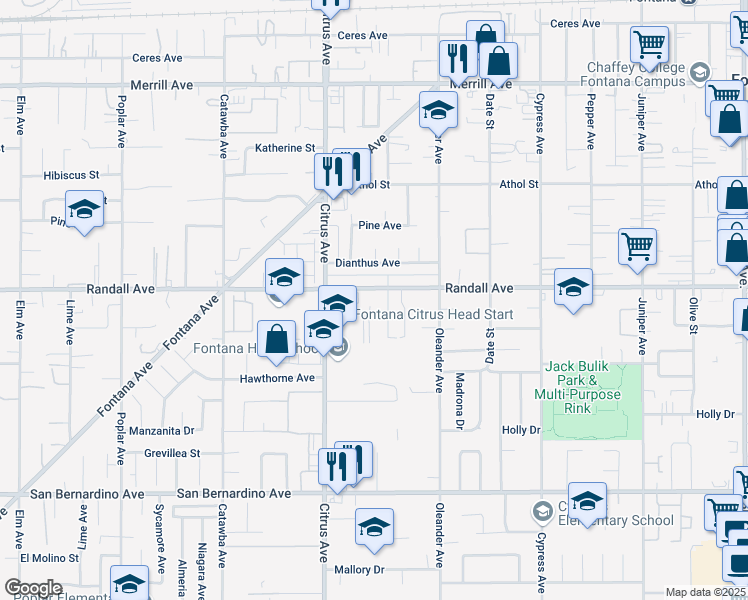 map of restaurants, bars, coffee shops, grocery stores, and more near 16195 Randall Avenue in Fontana